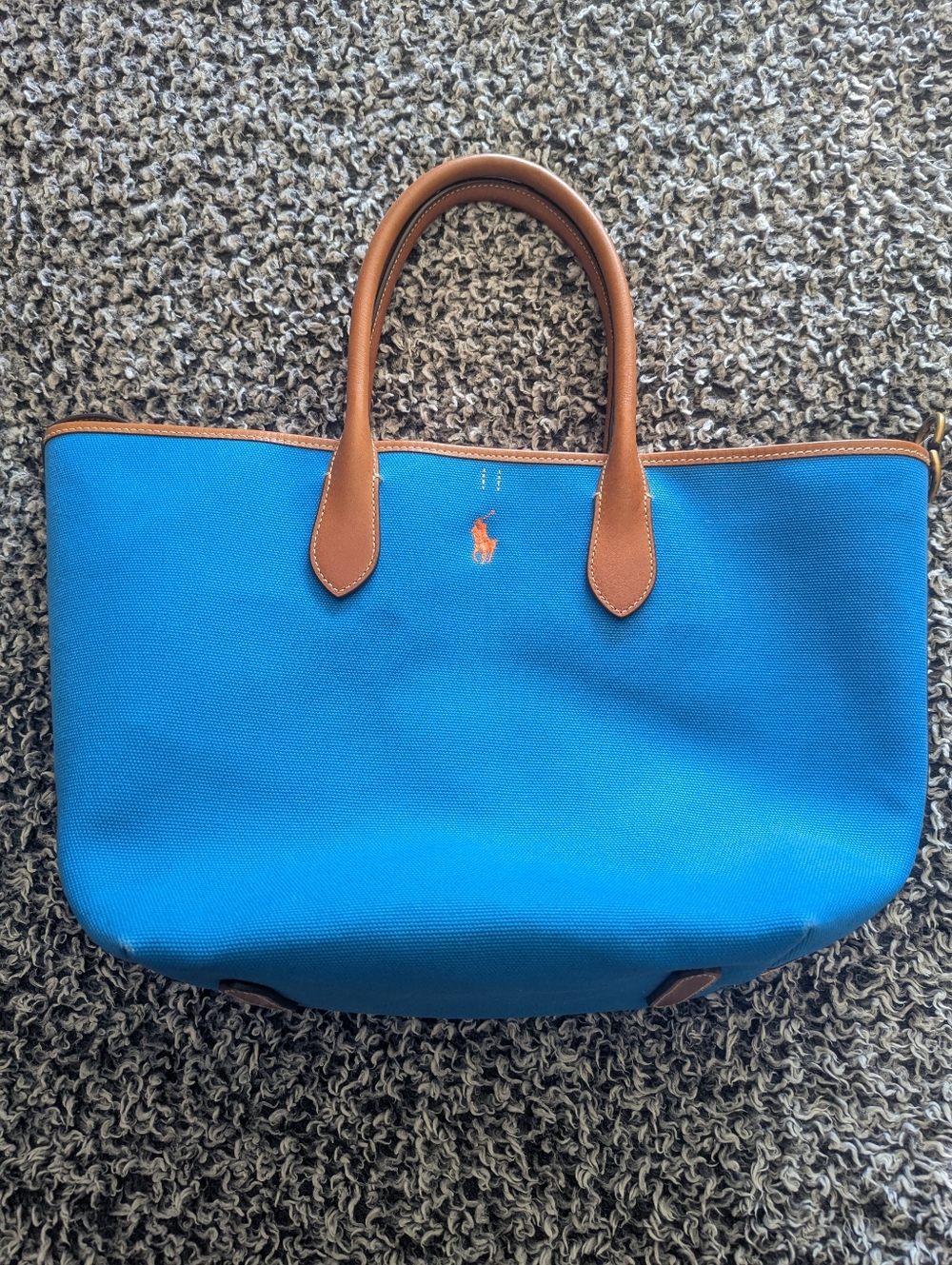 Ralph Lauren Bellport Reversible Turquoise Canvas Tote with Tan Leather Trim - Picture 3 of 6